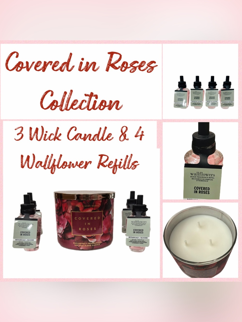 Bath & Body Works Covered in Roses 3-Wick Candle & 4 x Wallflowers Set - New
